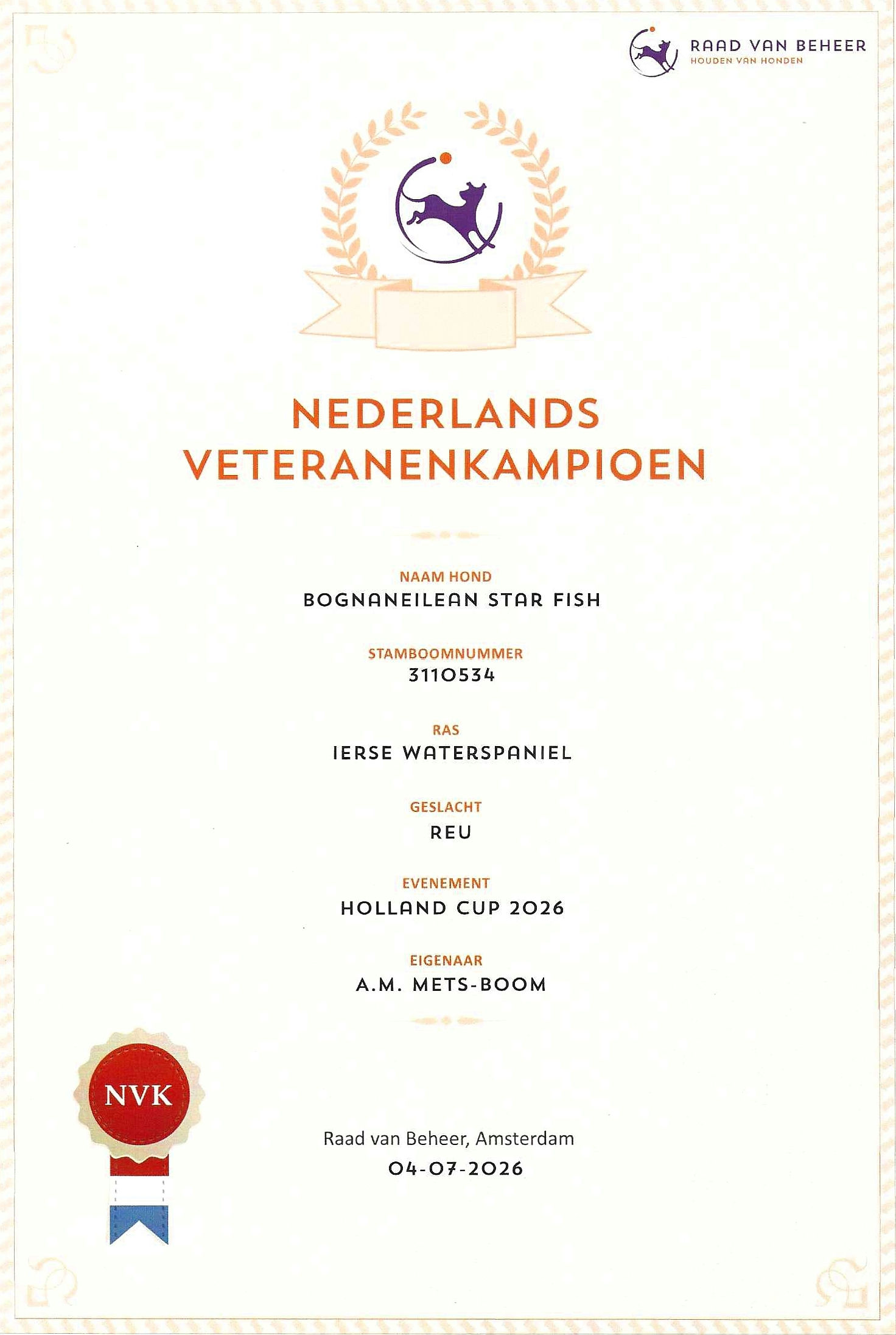 certificaat Veteranenkampioen